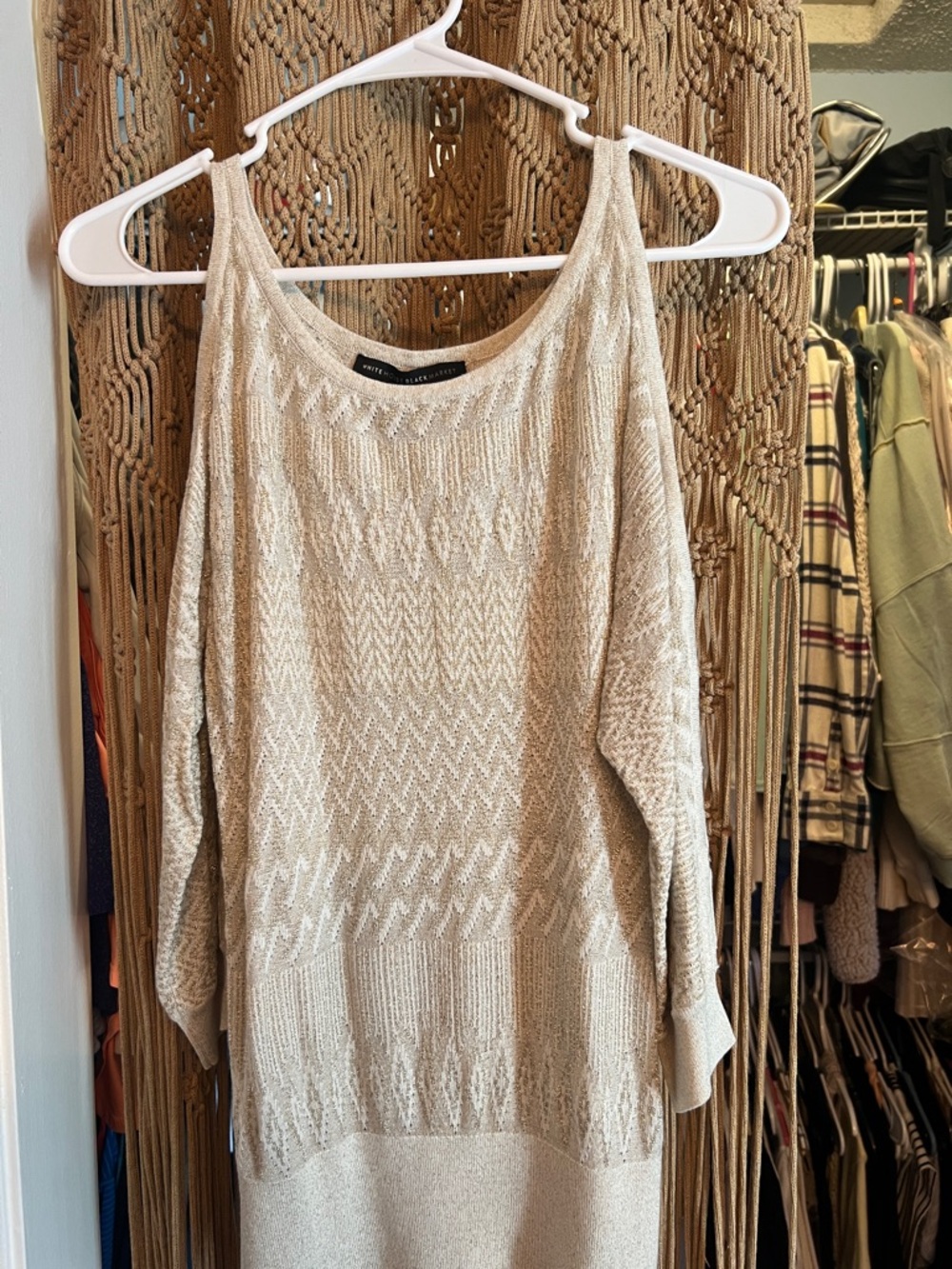 White House Black Market Beige Off-the-Shoulder Knit Sweater Dress